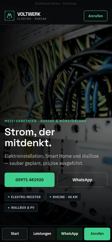 Screenshot der Sichtwerk-Demo-Website Voltwerk auf dem Handy